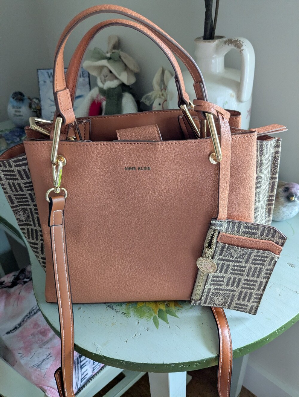 Anne Klein Tan Pebbled Leather Tote with Logo Wristlet